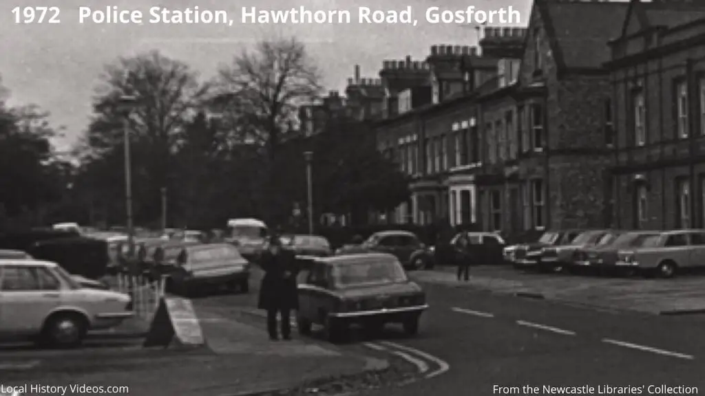 Closeup of an old photo of the junction of Hawthorn Road, Gosforth, in 1972