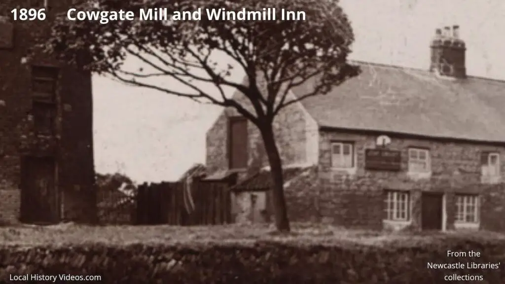 Closeup of an old photo of the mill and Windmill Inn, Cowgate, Newcastle upon Tyne, in 1896