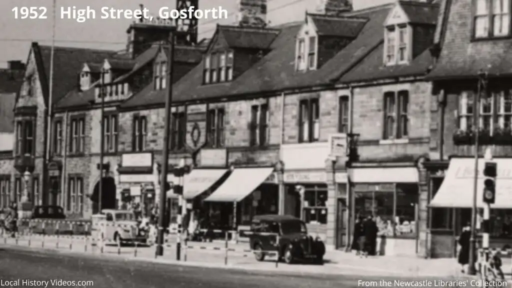Closeup of an old photo of the shops at the junction of Gosforth High Street and Church Road, Newcastle upon Tyne, in 1952