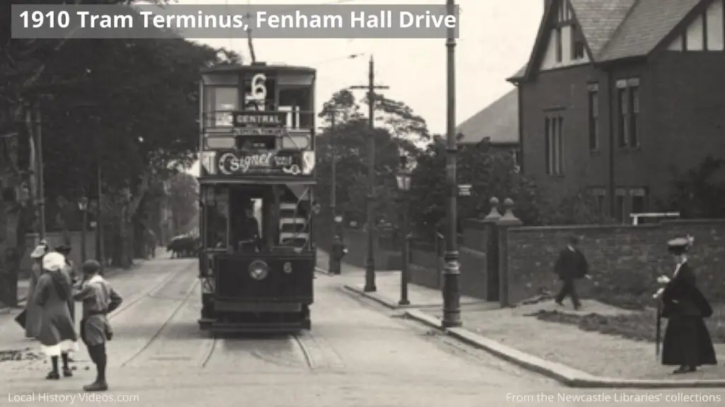 Closeup of an old photo of the tram terminus at Fenham Hall Drive, Newcastle upon Tyne, in 1910.jpeg