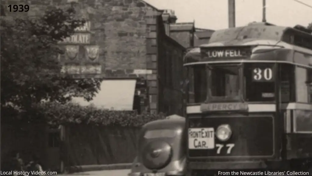 Closeup of an old photo of trams in Gosforth, Newcastle upon Tyne, in 1939, possibly at the junction where Henry Street meets the Great North Road