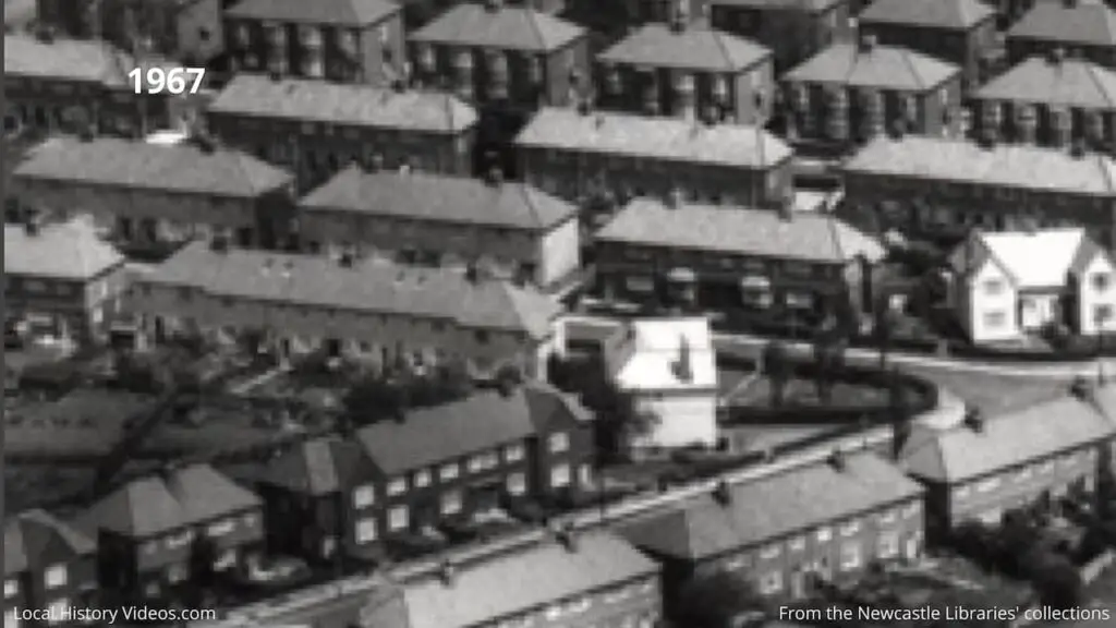 Closeup of houses in a photo of Rutherford Grammar School, Newcastle upon Tyne, in 1967