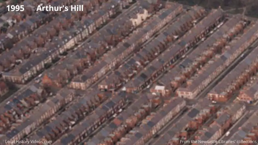 Closeup of terraced houses from an aerial photo of Arhtur's Hill, Newcastle upon Tyne, in 1995