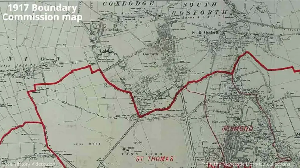 Extract of Boundary Commission Map of 1917, showing Kenton, Coxlodge, Gosforth, South Gosforth, and Jesmond in 1917