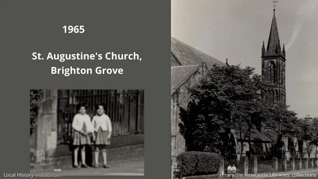 Old photo, and closeup, of St Augustine's Church, Brighton Grove, Newcastle upon Tyne, in 1965