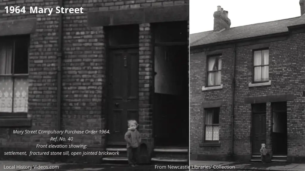 Old photo and closeup of a house in Mary Street, Newcastle upon Tyne, in 1964