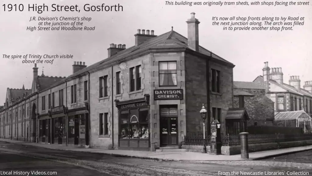 Old photo of Davison's Chemist, Gosforth High Street, Gosforth, Newcastle upon Tyne, in 1910