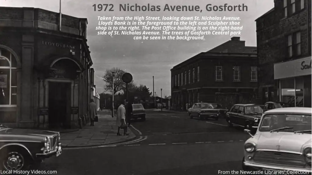 Old photo of Nicholas Avenue and the Lloyds Bank branch in Gosforth, Newcastle upon Tyne, in 1972