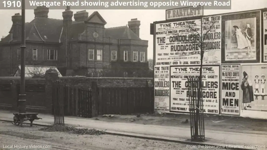 Old photo of Westgate Road advertising board, Fenham, Newcastle upon Tyne, in 1910