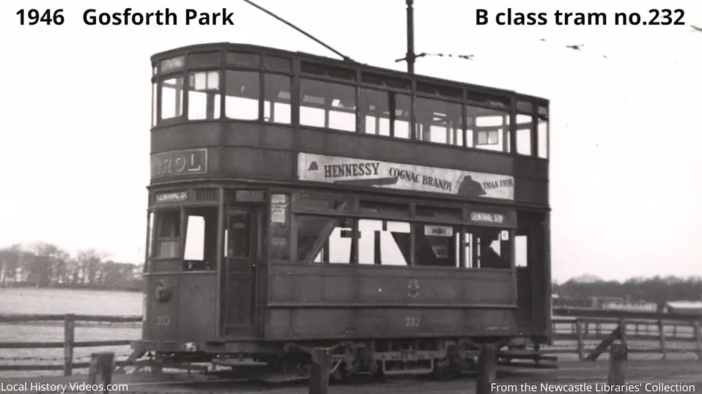 Old photo of a B Class Tram, number 232, at Gosforth Park, Newcastle upon Tyne, in 1946
