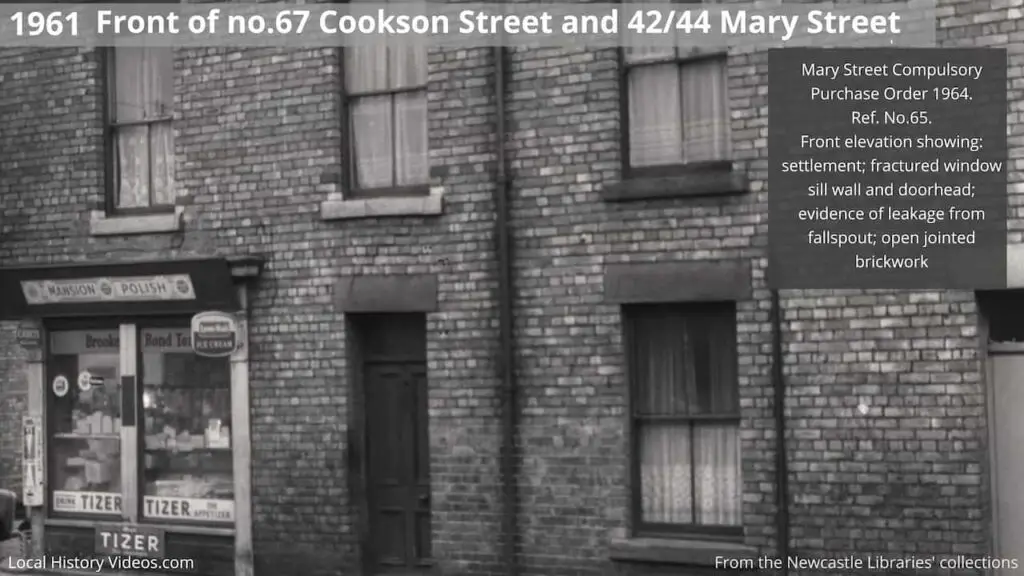 Old photo of a shop and homes in Cookson Street and Mary Street, Newcastle upon Tyne, in 1961