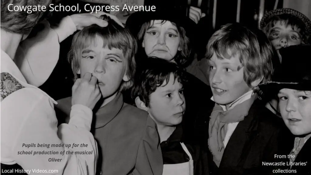 Old photo of children preparing for a show at Cowgate School, Cypress Avenue, Newcastle upon Tyne