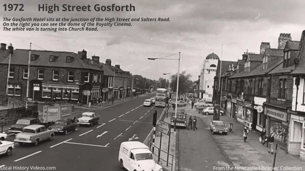 Old photo of the junction of Gosforth High Street, Salters Road, and Church Road, in Gosforth, Newcastle upon Tyne, in 1972