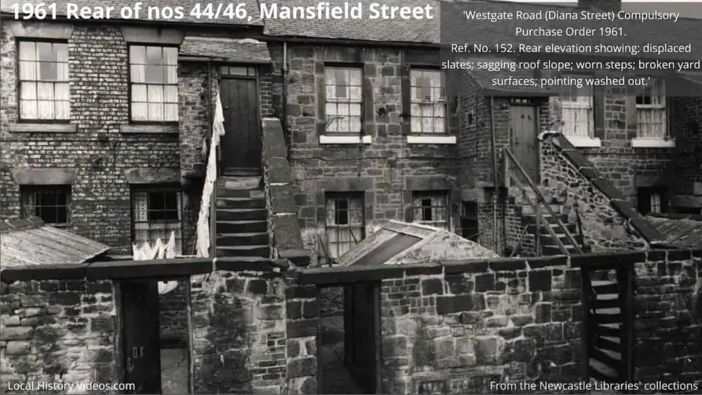 Old photo of the rear of numbers 44 and 46 Mansfield Street, Westgate, Newcastle upon Tyne, in 1961 when scheduled for demolition