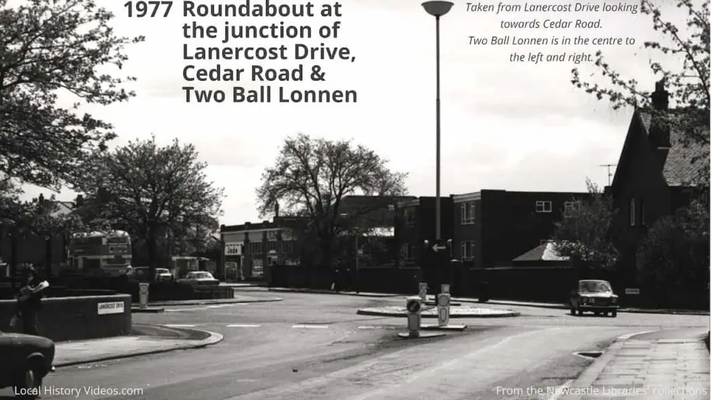 Old photo of the roundabout at the junction of Lanercost Drive, Cedar Road, and Two Ball Lonnen, Fenham, Newcastle upon Tyne, in 1977