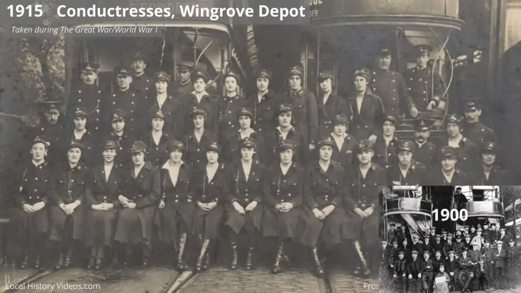 Old photo of the staff at the Wingrove Depot, Fenham, Newcastle upon Tyne, in 1915