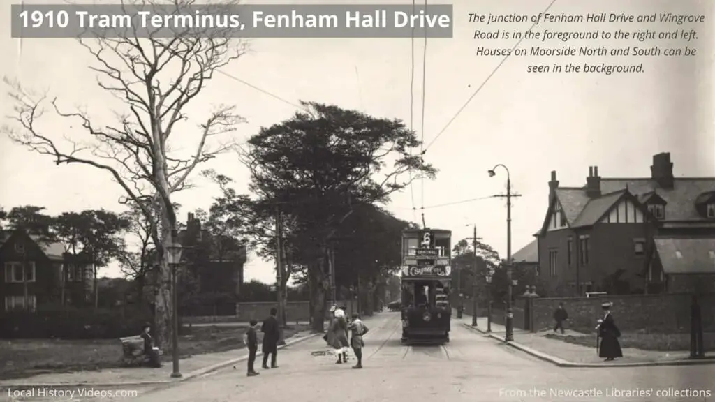 Old photo of the tram terminus at Fenham Hall Drive, Newcastle upon Tyne, in 1910