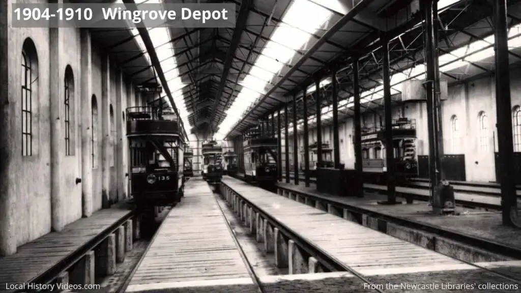 Old photo of the trams at Wingrove Depot, Fenham, Newcastle upon Tyne, in the early 20th Century