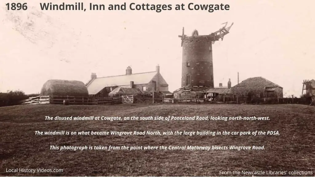 Old photo of the windmill, inn and cottages at Cowgate, Newcastle upon Tyne, in 1896