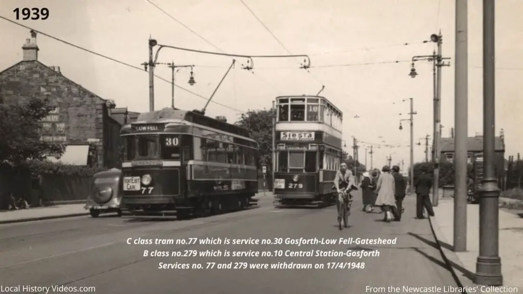 Old photo of trams in Gosforth, Newcastle upon Tyne, in 1939, possibly at the junction where Henry Street meets the Great North Road