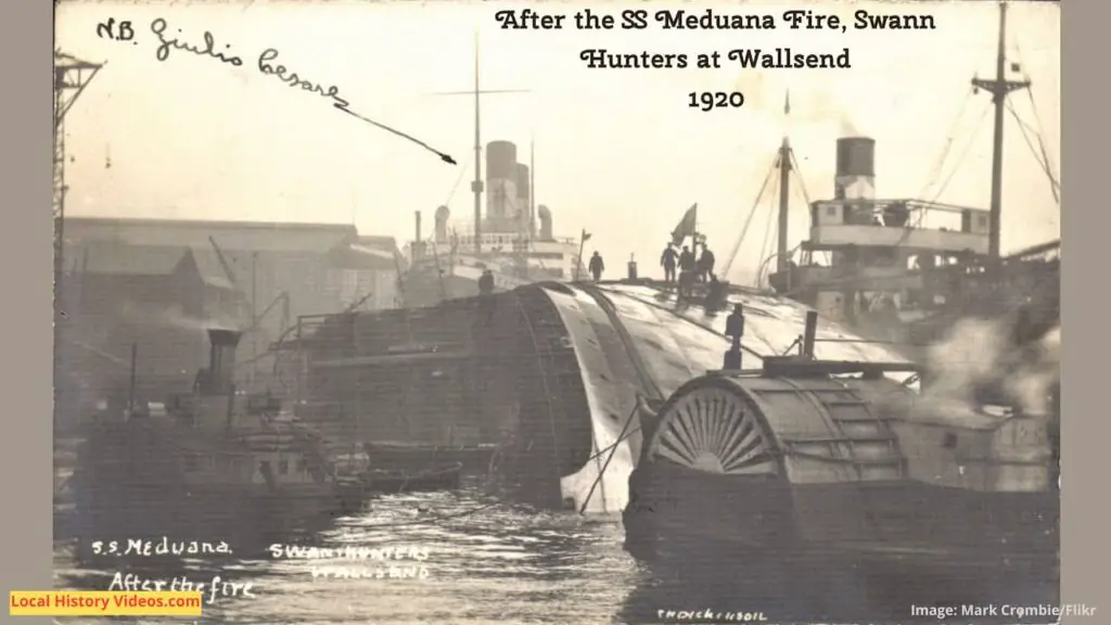 Old photo postcard of the fire damaged SS Meduana at Swan Hunters in Wallsend, Tyne & Wear, England, taken in 1920