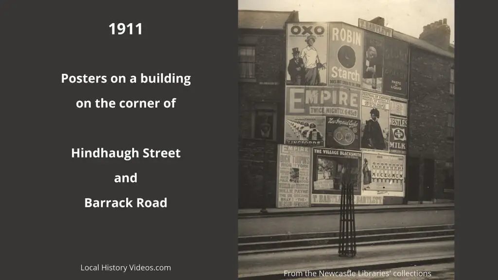 Old photos of posters on a building at the corner of Hindhaugh Street and Barrack Road, Fenham, Newcastle upon Tyne, in 1911