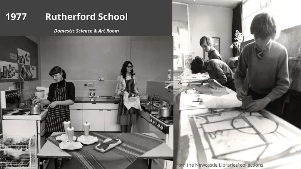 Old photos of the Domestic Science and Art Room at Rutherford School, Newcastle upon Tyne, in 1977