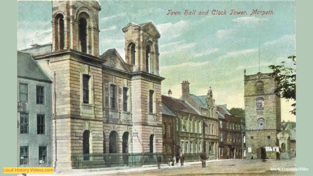 Old postcard of the Town Hall and Clock Tower at Morpeth, Northumberland, England