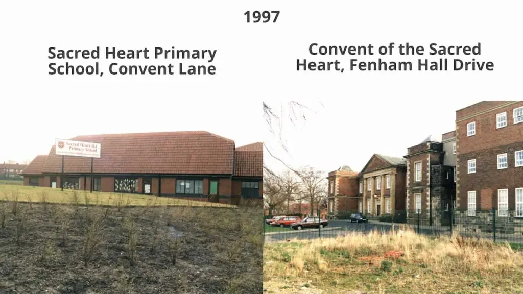 Photo of Sacret Heart Parimary School on Convent Lane, and Convent of the Sacred Heart on Fenham Hall Drive, Newcastle upon Tyne, in 1997