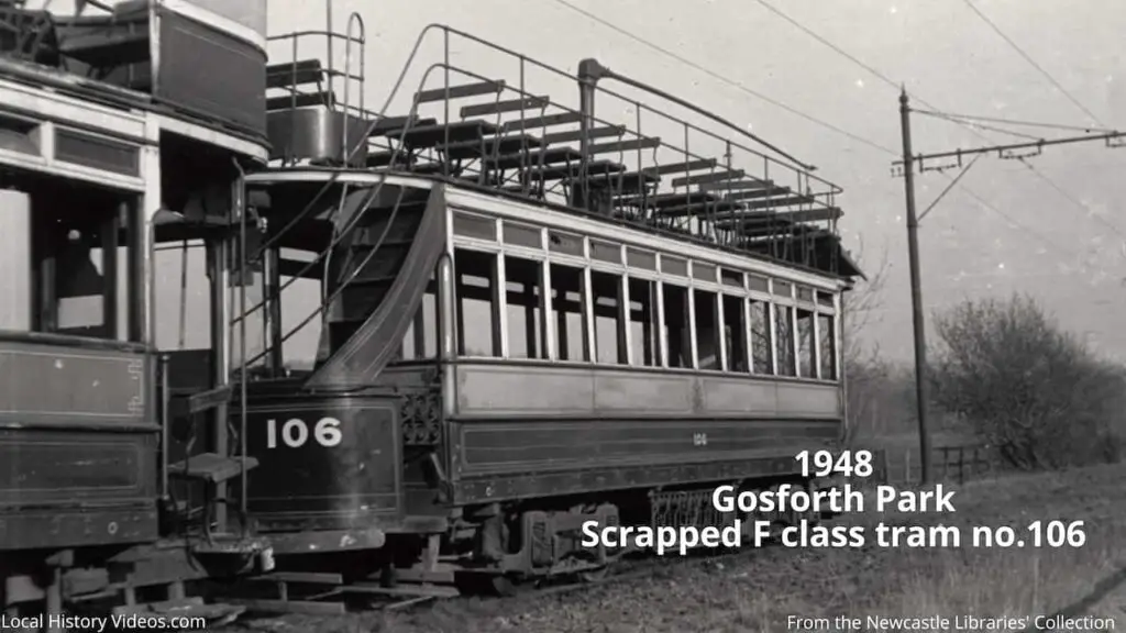 Scrapped F Class Tram, number 106, at Gosforth Park, Newcastle upon Tyne, in 1948