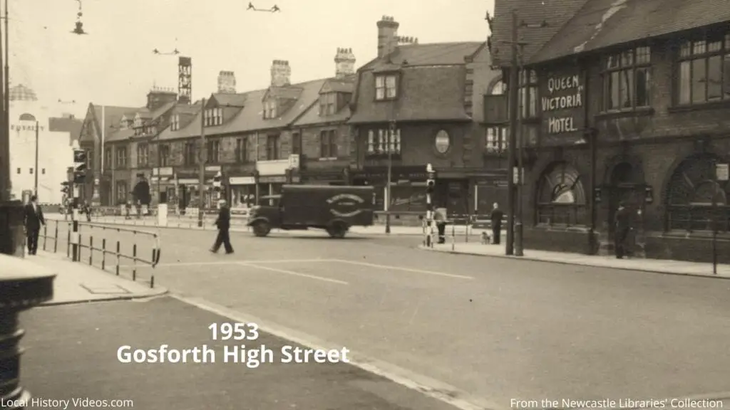 The junction of Gosforth High Street and Church Road in Gosforth, Newcastle upon Tyne, in 1953