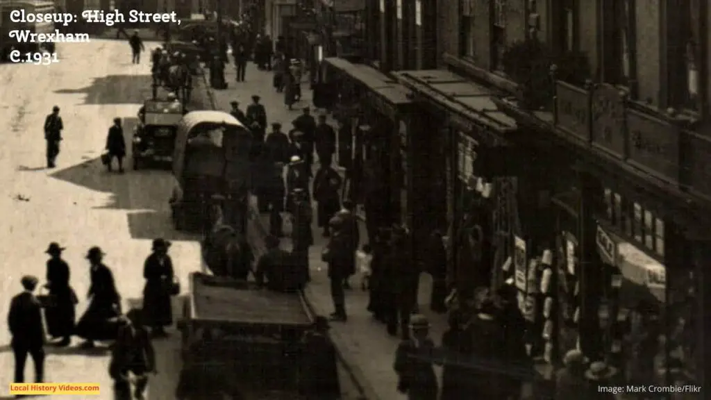 Bottom right section of an old photo postcard of the High Street, Wrexham, Wales, 1931