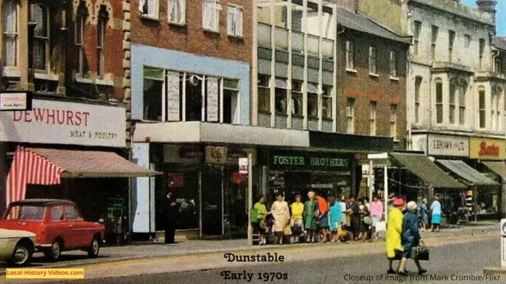 Closeup of a photo postcard of Dunstable shops in the early 1970s