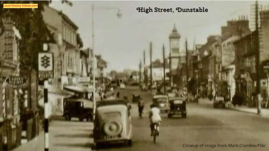 Closeup of a vintage postcard of Dunstable High Street, Bedfordshire
