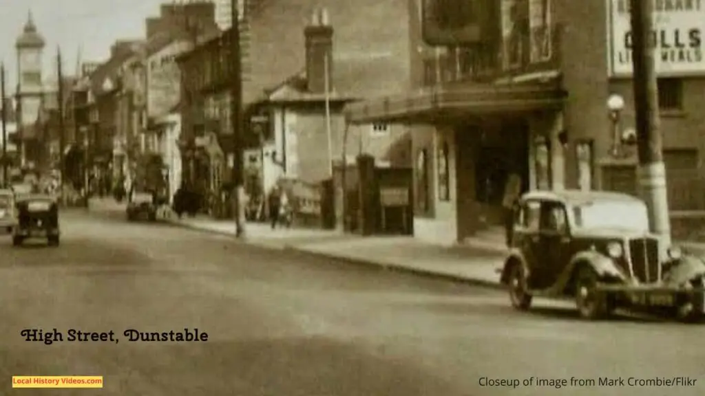 Closeup of a vintage postcard of Dunstable High Street, England