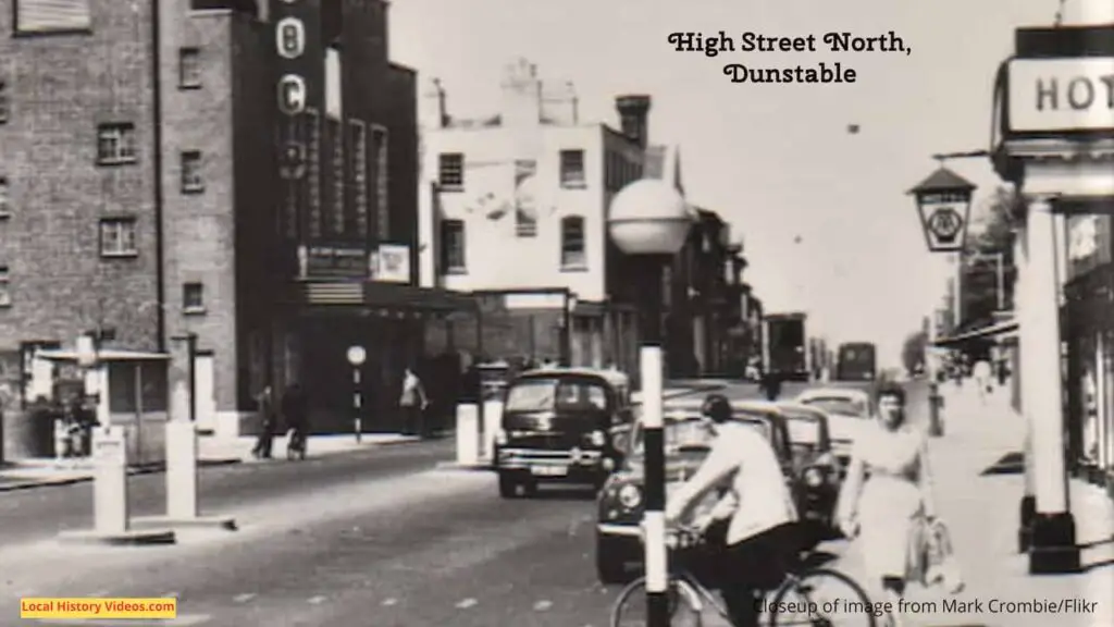 Closeup of a vintage postcard of Dunstable High Street North