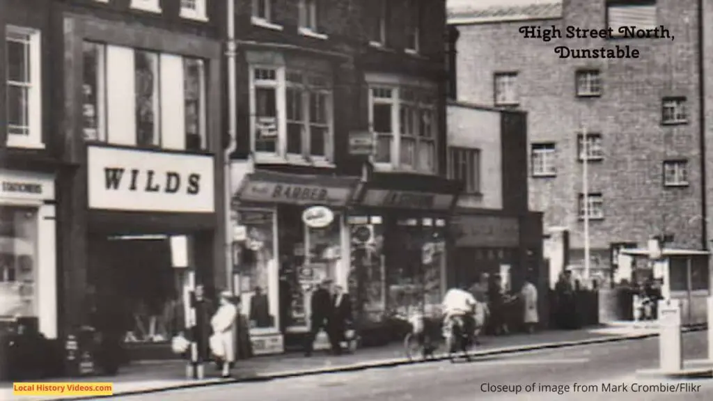 Closeup of a vintage postcard of Dunstable's High Street North