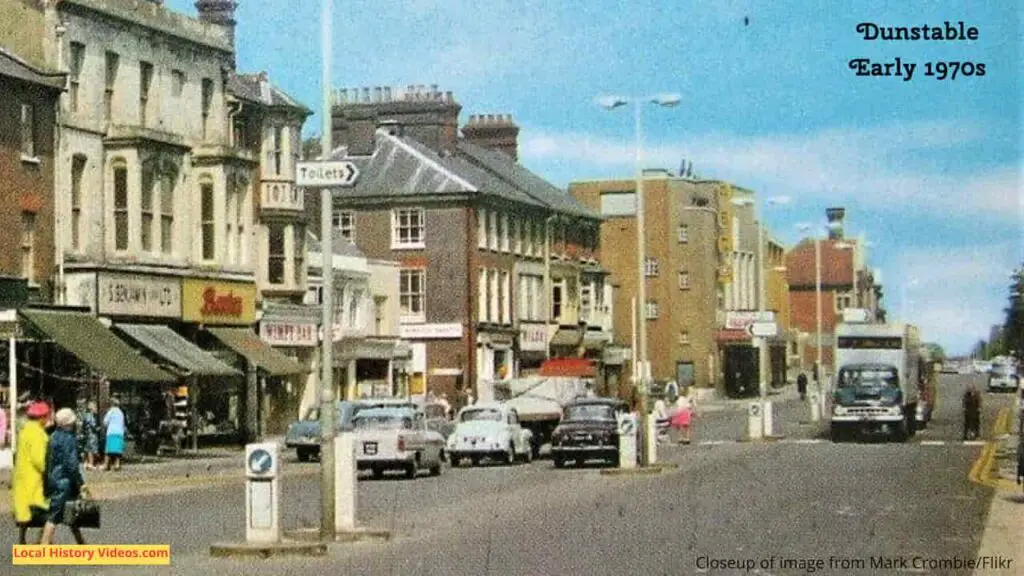 Closeup of an old photo postcard of Dunstable in the early 1970s