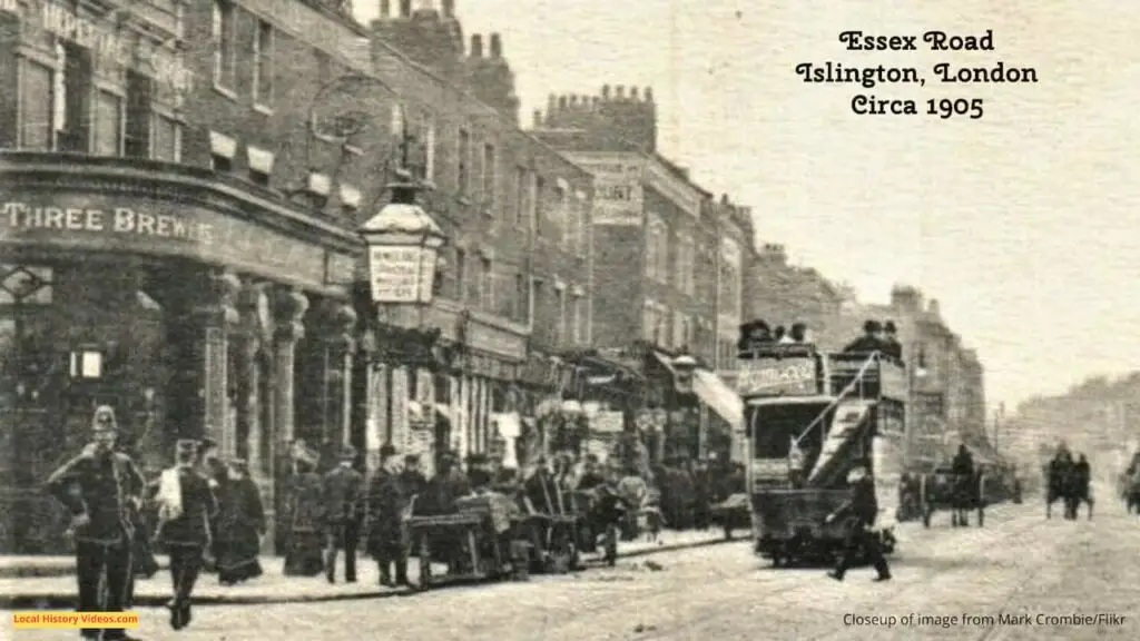Closeup of an old photo postcard of Essex Road, Islington, London, circa 1905