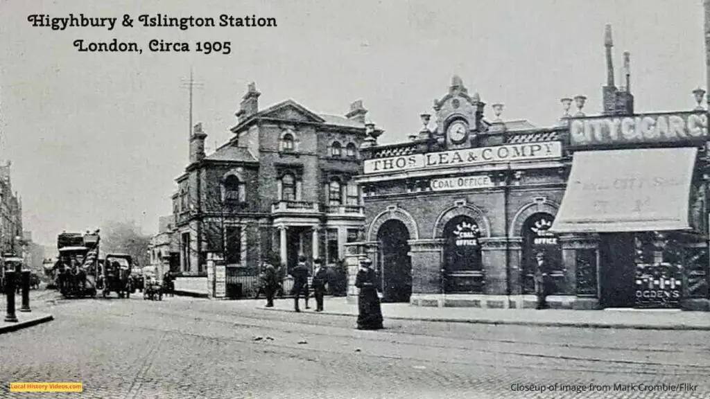 Closeup of an old photo postcard of Highbury & Islington Station, London, circa 1905