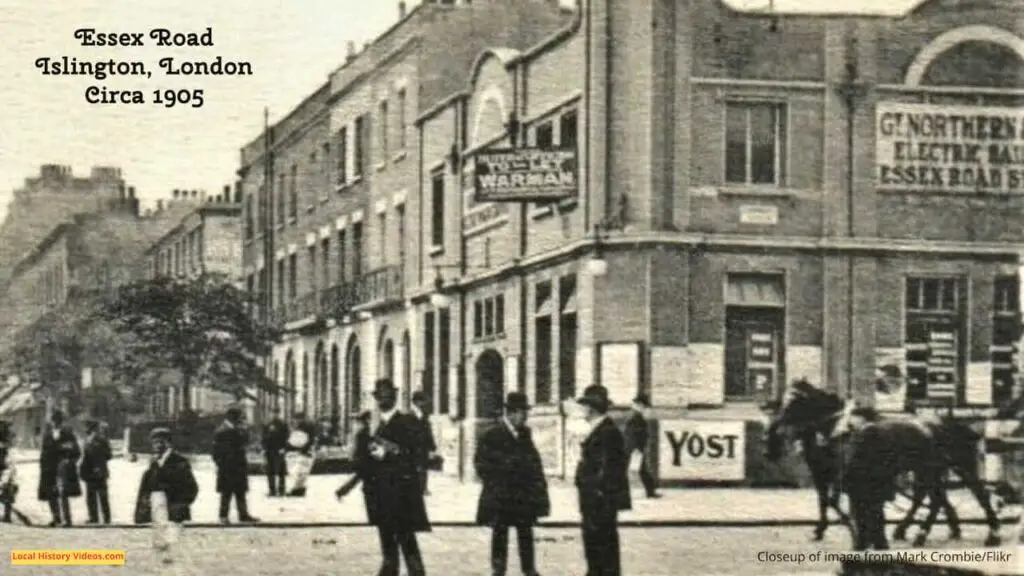 Closeup of od photo postcard of Essex Road, Islington, London, circa 1905