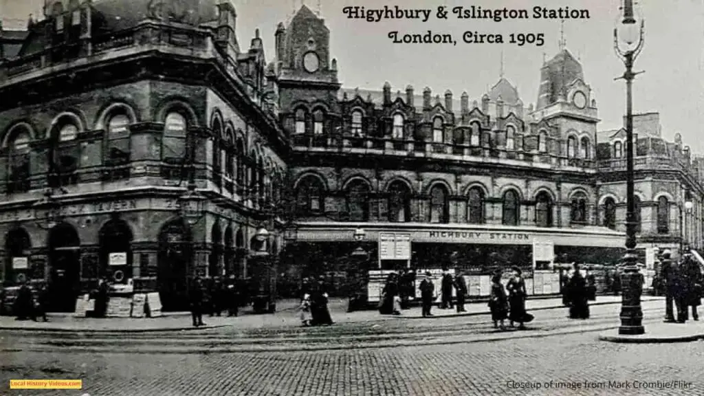 Closeup of old photo postcard of Highbury & Islington Station, London, circa 1905