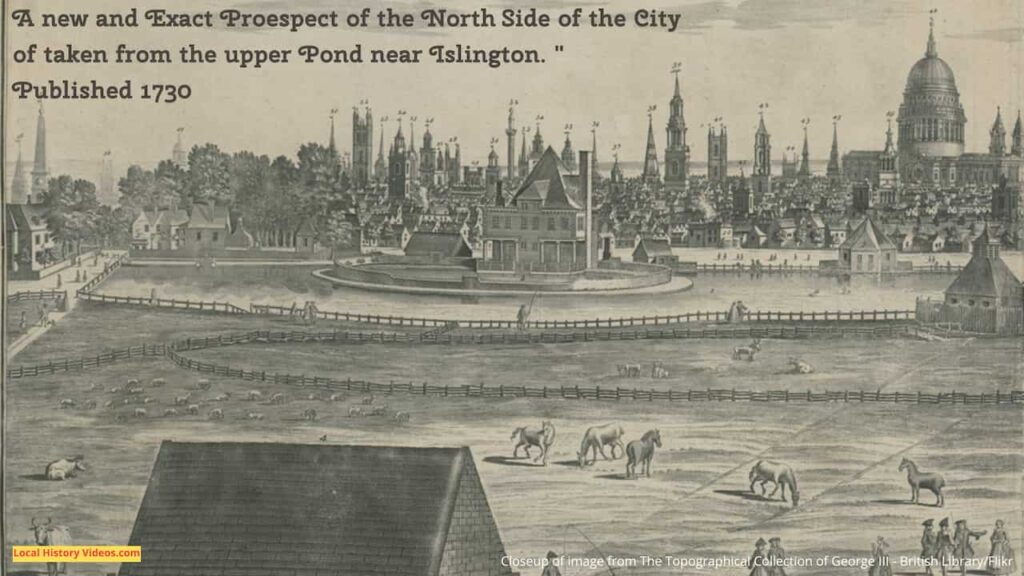 Closeup of the left hand side of an old picture of London from the Islington Upper Pond, published in 1730