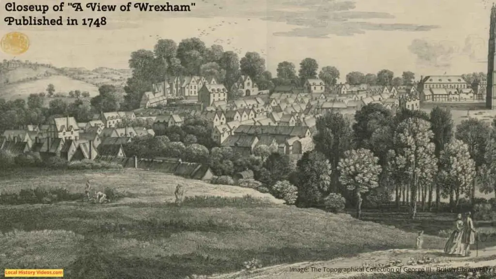 Closeup of the left hand side of an old picture of the view of Wrexham, Wales, published in 1748