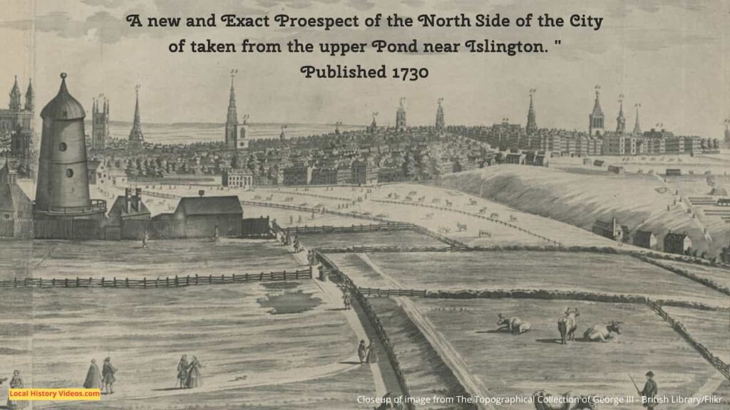 Closeup of the right hand side of an old picture of London from the Islington Upper Pond, published in 1730