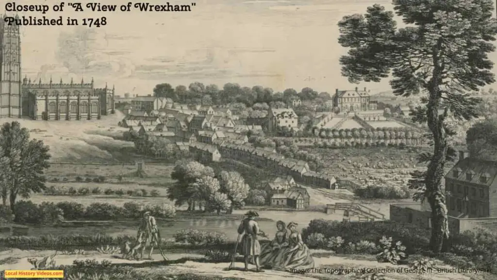 Closeup of the right hand side of an old picture of the view of Wrexham, Wales, published in 1748