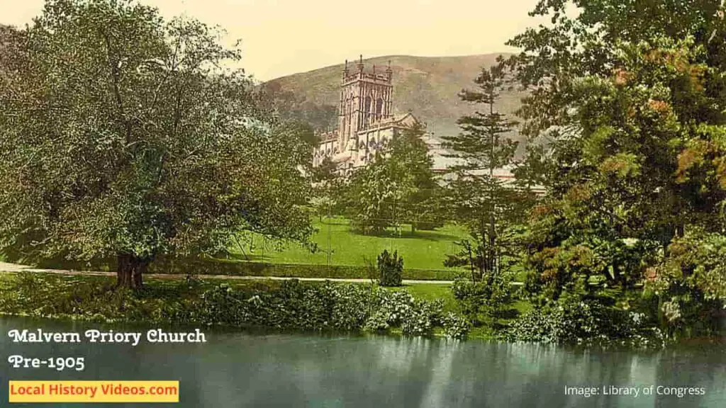Old photo of Malvern Priory Church in Worcestershire, England, pre 1905