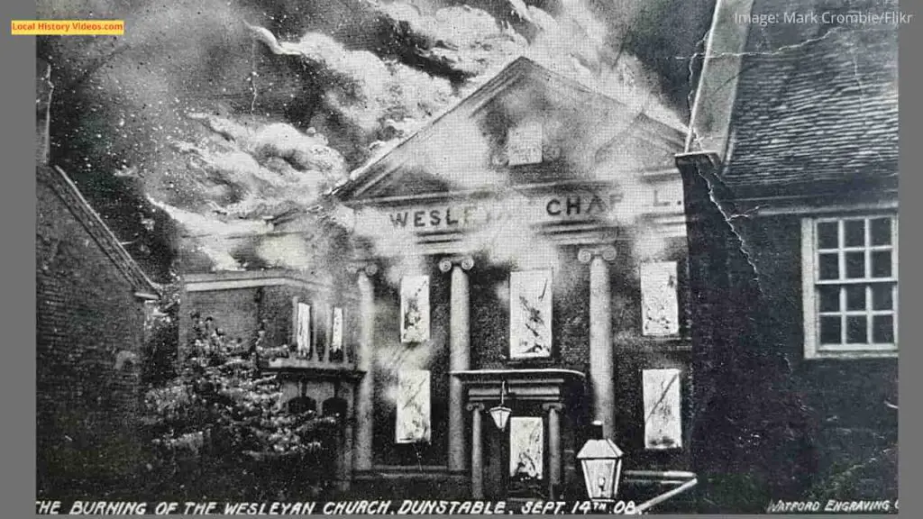 Old photo postcard of the Burning of the Weslyan Church, Dunstable, on 14th September, 1908