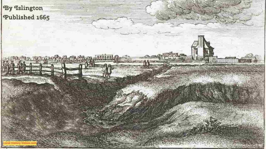 Old picture of Islington seen from the outskirts, published in 1665