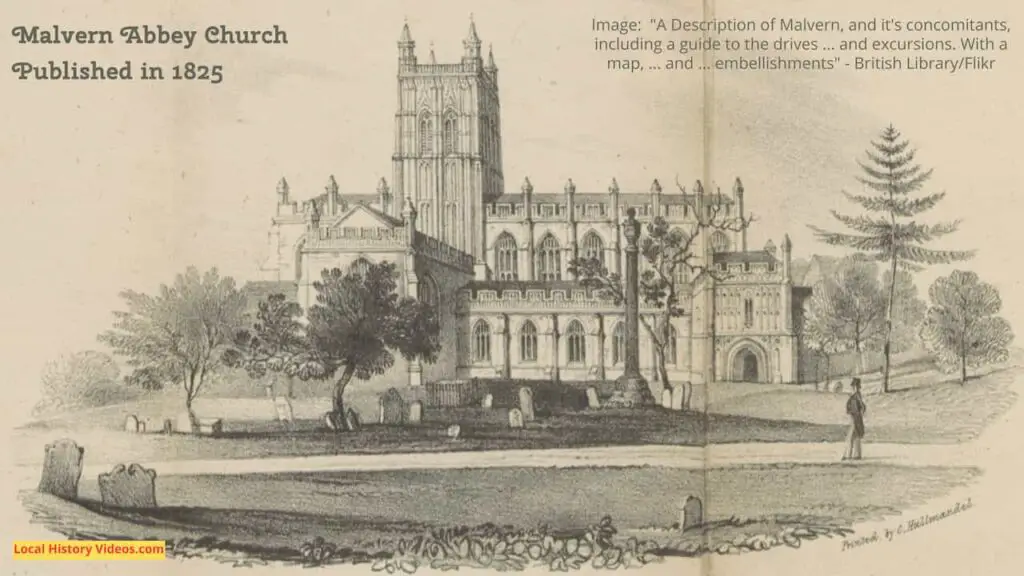 Old picture of Malvern Abbey Church, Worcestershire, England, published in 1825